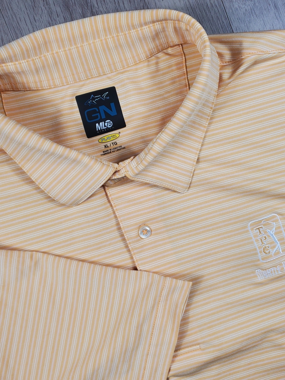 Greg Norman TPC Myrtle Beach Golf Polo XL Yellow Striped PlayDry Stretch